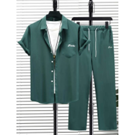 Homens Carta Gráfica Camisa & Cintura com cordão Calças Sem Camiseta na Shein