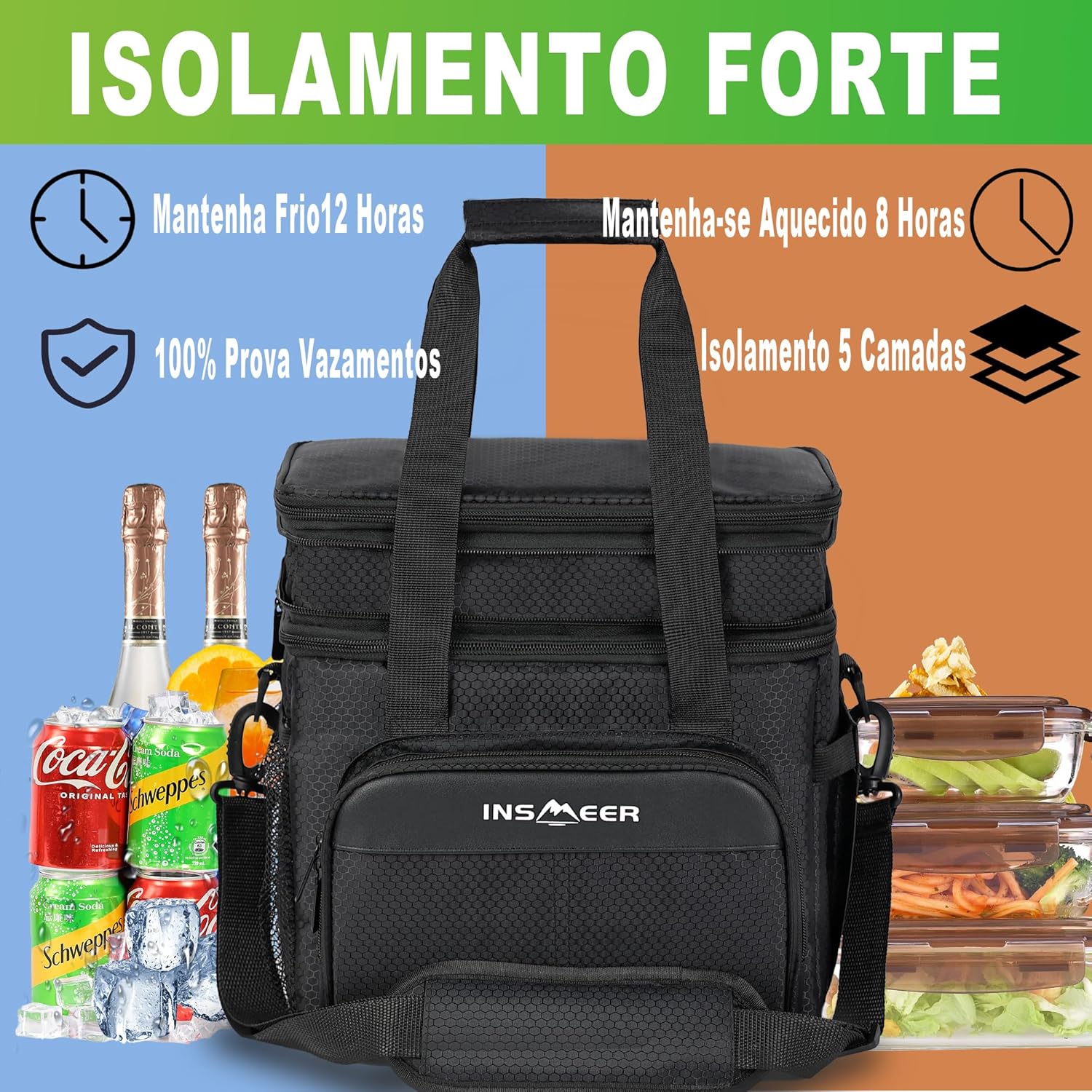 INSMEER Bolsa Termica Grande -Lancheira De 20 Litros – À Prova De Vazamentos – Alça De Ombro – Feminino/Homem – Projetadopara Trabalho, Escola, Uso Externo. (Preto) na Amazon