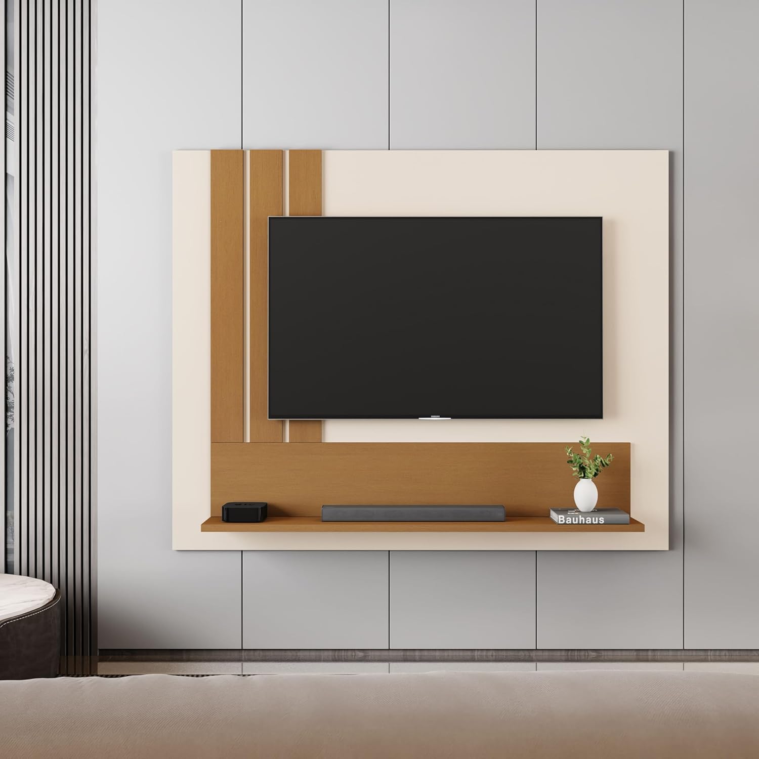 JB Bechara – Painel para TV até 43 Polegadas com Detalhe Ripado, Nicho e Prateleira Decoração para Sala e Quarto (Pérola/Nature) na Amazon