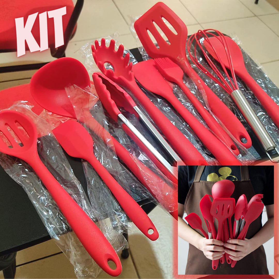 JG STORE Kit 10 Peças Jogo De Utensílios De Silicone Maciço Cozinha Inox Pegador Espátula Colher Concha Pincel na Amazon