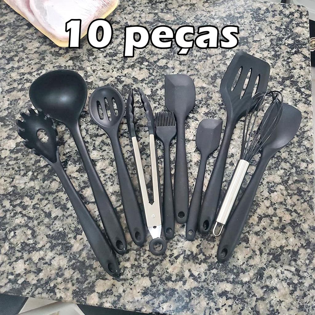 JG STORE Kit 10 Peças Jogo De Utensílios De Silicone Maciço Cozinha Inox Pegador Espátula Colher Concha Pincel (Preto) na Amazon