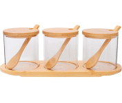 Jogo de 3 Potes de Vidro Borossilicato com Tampa, Colher e Suporte de Bambu na Amazon