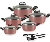 Jogo de Caçarolas 05 Peças Rosé com Tampa de Vidro e Utensílios na Amazon