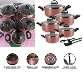 Jogo de Caçarolas 05 Peças Rosé com Tampa de Vidro e Utensílios na Amazon
