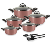 Jogo de Caçarolas 05 Peças Rosé com Tampa de Vidro e Utensílios na Amazon