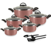 Jogo de Caçarolas 05 Peças Rosé com Tampa de Vidro e Utensílios na Amazon