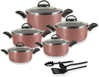 Jogo de Caçarolas 05 Peças Rosé com Tampa de Vidro e Utensílios na Amazon