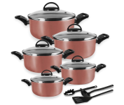 Jogo de Caçarolas 05 Peças Rosé com Tampa de Vidro e Utensílios na Amazon