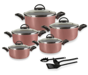 Jogo de Caçarolas com Tampa de Vidro e Utensílios –  Rosé  – 05 Peças na Amazon