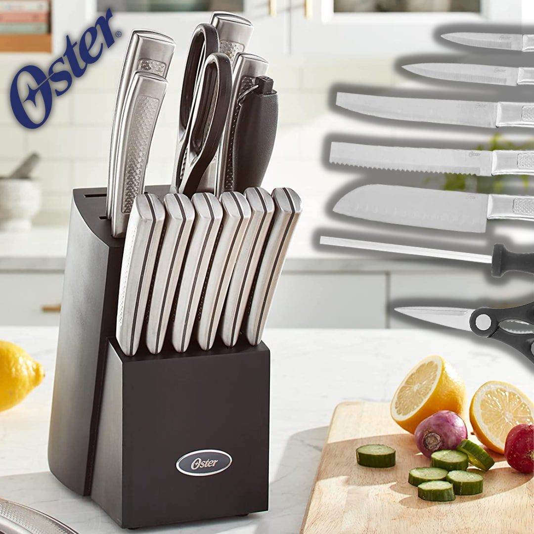 Jogo de facas Oster Wellisford de aço inoxidável de alto carbono, 14 peças, preto/prata na Amazon
