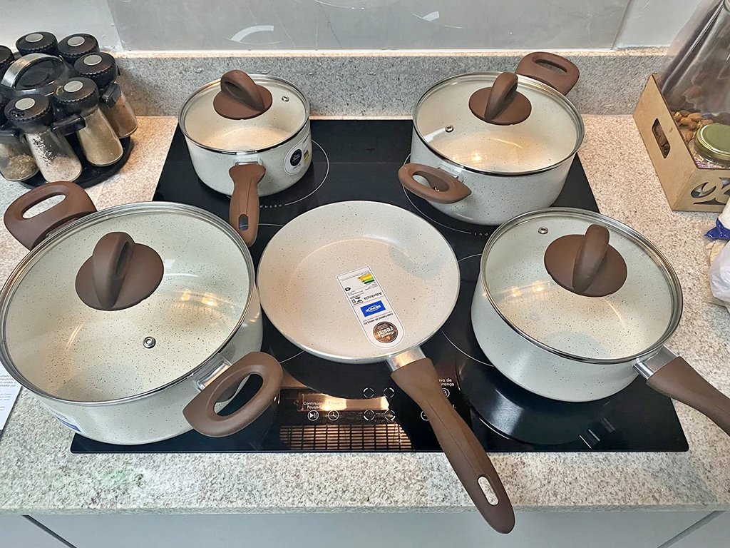 Jogo de Panelas 5 Peças Ceramic Life Granada com Fundo de Indução Brinox – Vanilla na Amazon
