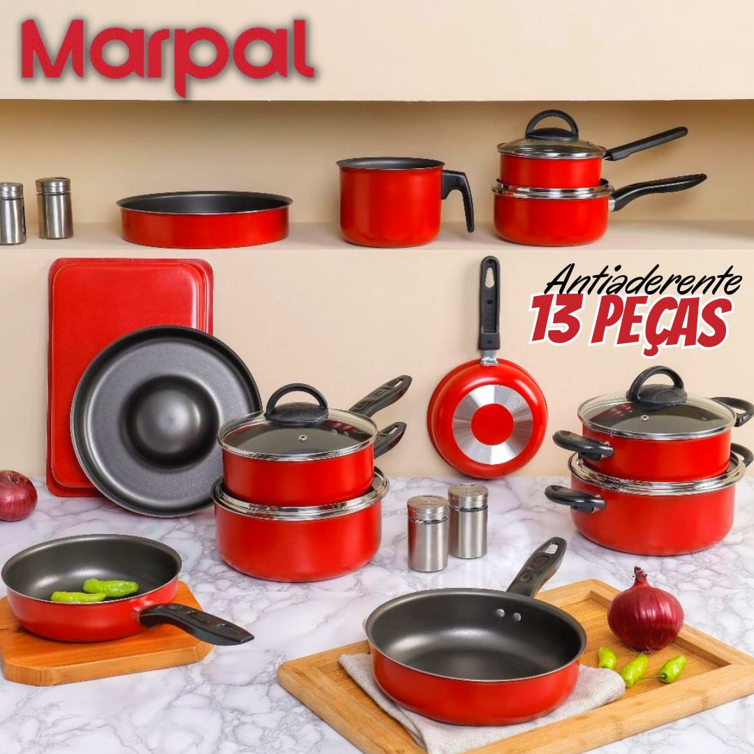 Jogo de Panelas Antiaderente com Tampas de Vidro Vermelho 13 Peças Marpal na Americanas