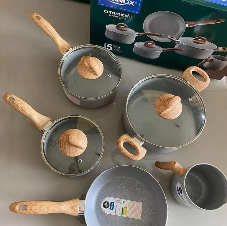 Jogo de Panelas Brinox Ceramic Life Smart Plus Gris, Antiaderente, Cinza, 5 Peças na Casas Bahia
