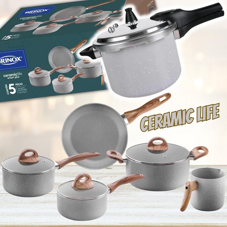 Jogo de Panelas Brinox de Alumínio Cinza 5 Peças – Ceramic Life + Panela de Pressão 4,2L na Magazine Luiza