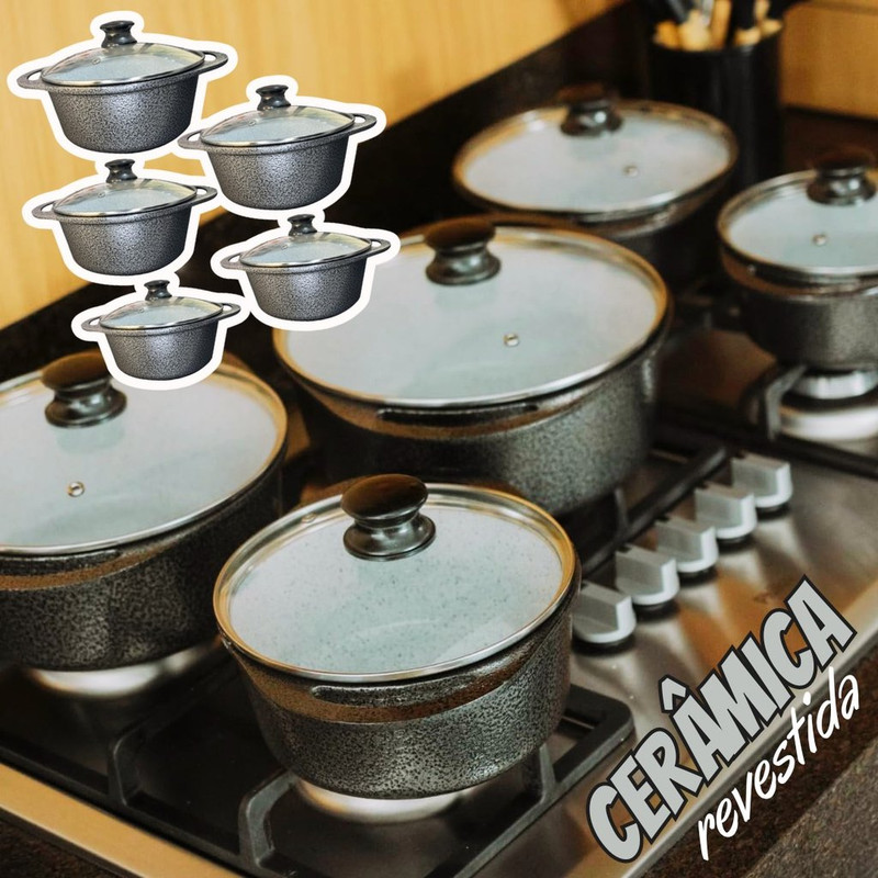 Jogo De Panelas Cerâmica Atoxica Antiaderente em Aluminio Fundido Com Tampas em Vidro Temperado na Amazon