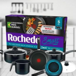 Jogo de Panelas Rochedo Antiaderente – de Alumínio Preto e Azul 5 Peças Smart na Amazon