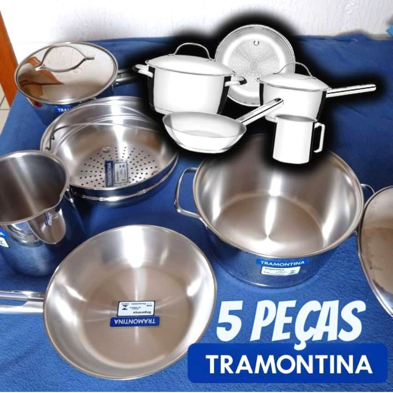 Jogo de Panelas Tramontina Allegra em Aço Inox com Fundo Triplo 5 Peças na Amazon
