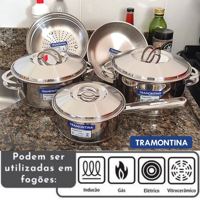 Jogo de Panelas Tramontina Solar em Aço Inox com Fundo Triplo e Tampas de Inox 5 Peças na Amazon
