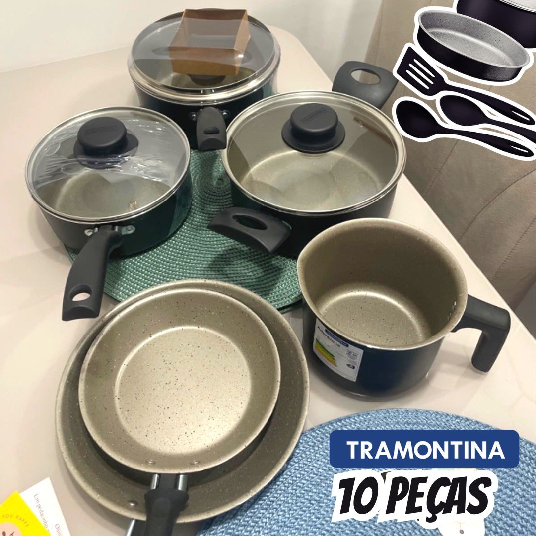 Jogo de Panelas Tramontina Turim em Alumínio com Revestimento Interno e Externo em Antiaderente Starflon Max Preto 10 Peças na Amazon