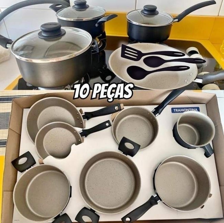 Jogo de Panelas Tramontina Turim em Alumínio com Revestimento Interno e Externo em Antiaderente Starflon Max Preto 10 Peças na Amazon