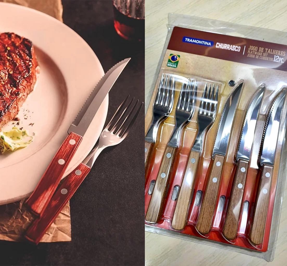 Jogo de Talheres para Churrasco Dynamic Sortidos Com Laminas de Aco Inox e Cabos de Madeira – 12 Peças na Amazon