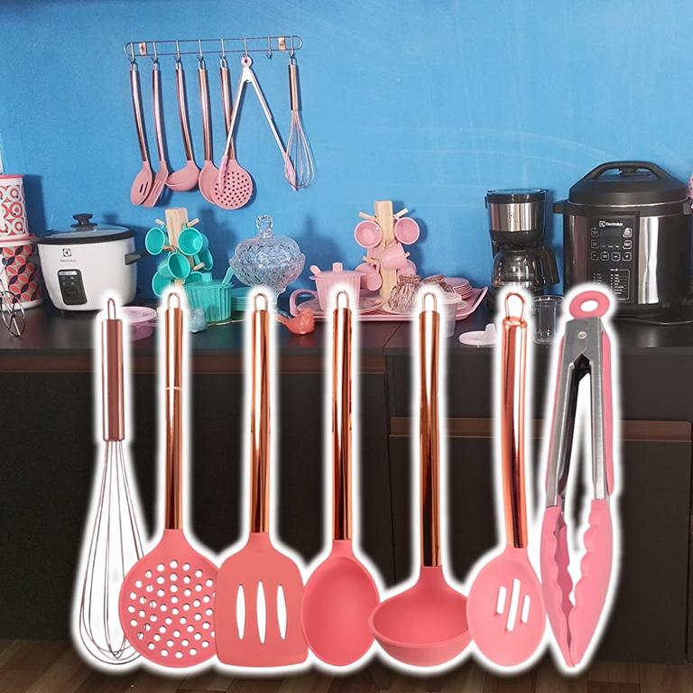 Jogo de Utensílios de Cozinha Em Silicone Kit 7 Peças Rose Espátula Colher Fouet Suporte Organizar na Amazon