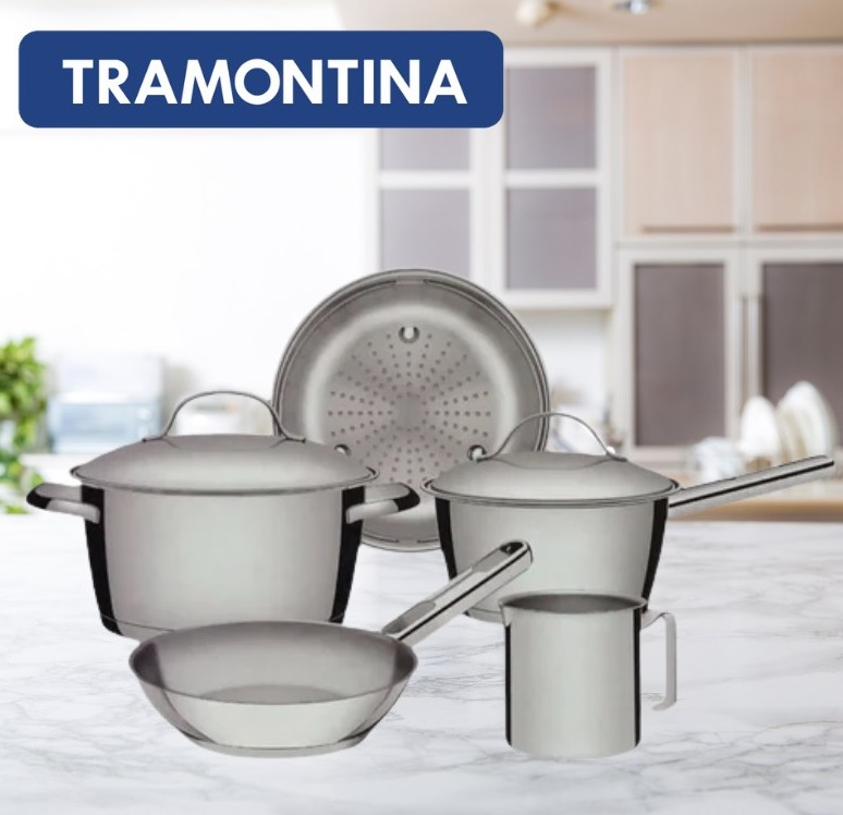 Jogo Panelas Tramontina Allegra Aço Inox Fundo Triplo 5Pçs:Aço Inox Aço Inox na MadeiraMadeira