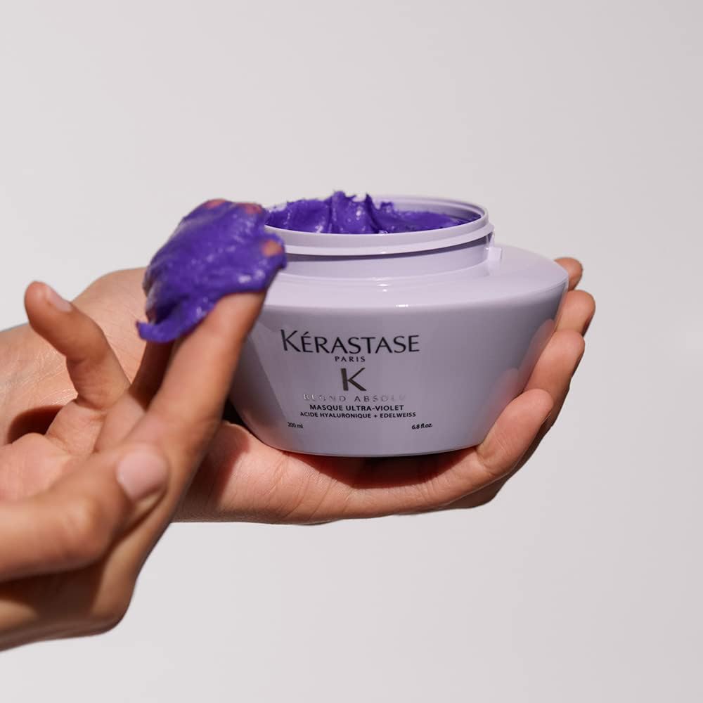 Kérastase Máscara Blond Absolu Masque Ultra-Violet, Cabelos loiros, descoloridos, Hidratação, neutraliza os tons amarelados, Ácido Hialurônico, Flor de Edelweiss, 200 ml na Amazon