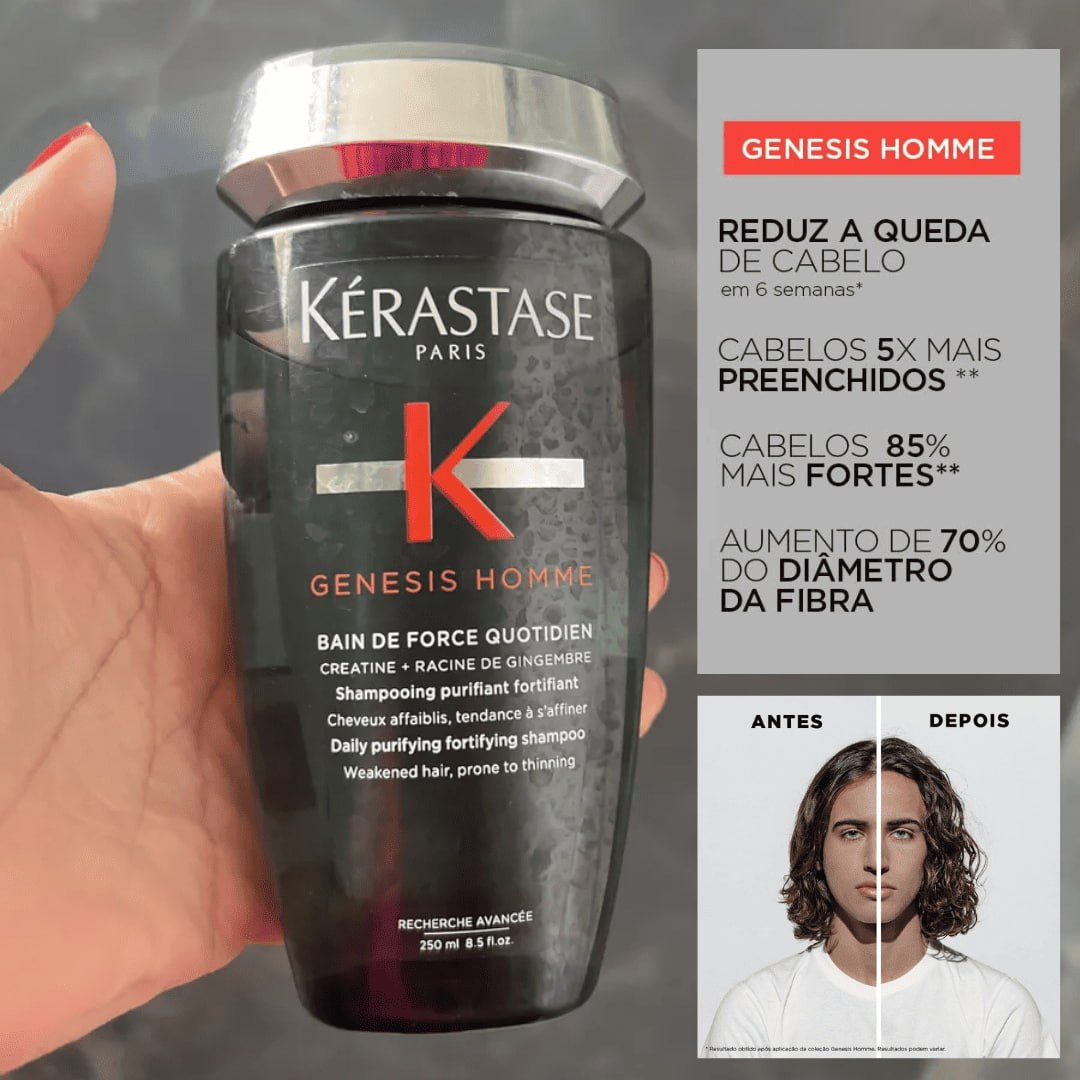 Kérastase Shampoo Genesis Homme Bain de Masse Épaississant, Cabelos com queda, Prevenção da queda, Creatina, Raiz de gengibre, 250 ml na Amazon