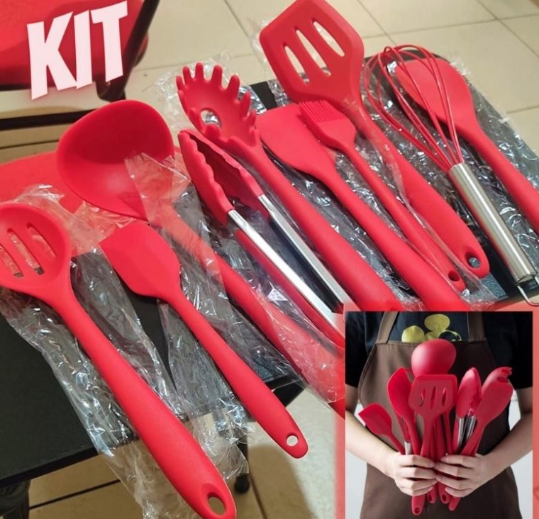 Kit 10 Peças Jogo De Utensílios De Silicone Maciço Cozinha Inox Pegador Espátula Colher Concha Pincel (Vermelho) na Amazon