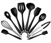 Kit 10 Peças Jogo De Utensílios De Silicone Maciço Cozinha Inox Pegador Espátula Colher Concha Pincel (Preto) na Amazon