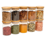 Kit 10 Potes de Vidro 250ml com Tampa de Bambu Oikos na Amazon