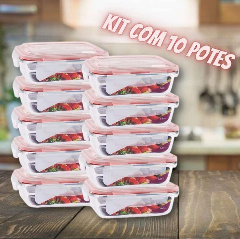 KIT 10 Potes de Vidro Retangular com Tampa Hermética 640ml Cor:Vermelho (QH) na Amazon