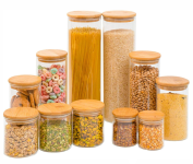 Kit 11 Potes de Vidro com Tampa de Bambu Herméticos Redondos na Amazon