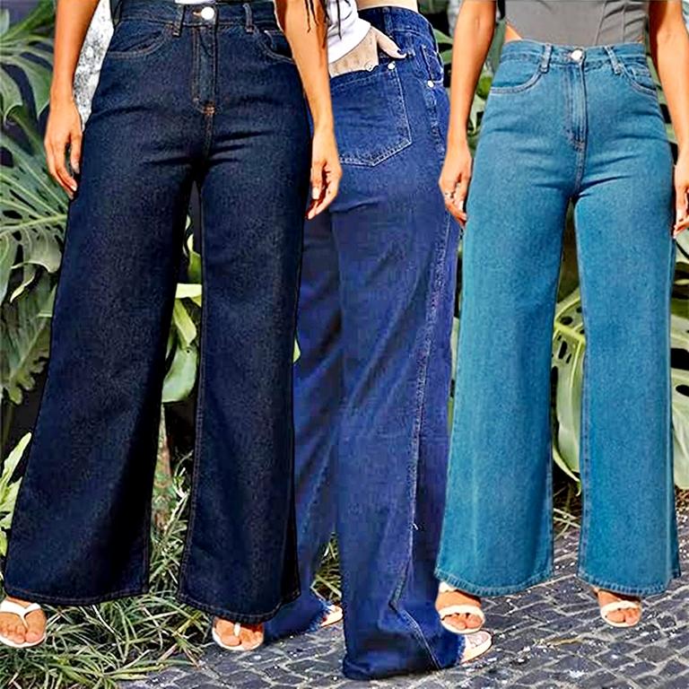 Kit 2 Calças Jeans Retrô Pantalona Wide Leg Cintura Alta Tendencias Azul Claro E Azul Escuro na Amazon