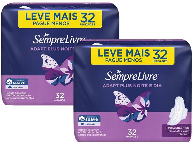 Kit 2 Pacotes Absorvente Externo Adapt Plus Noite e Dia Suave com Abas 32 Unidades – Sempre Livre (Total 64 unidades) na Magazine Luiza