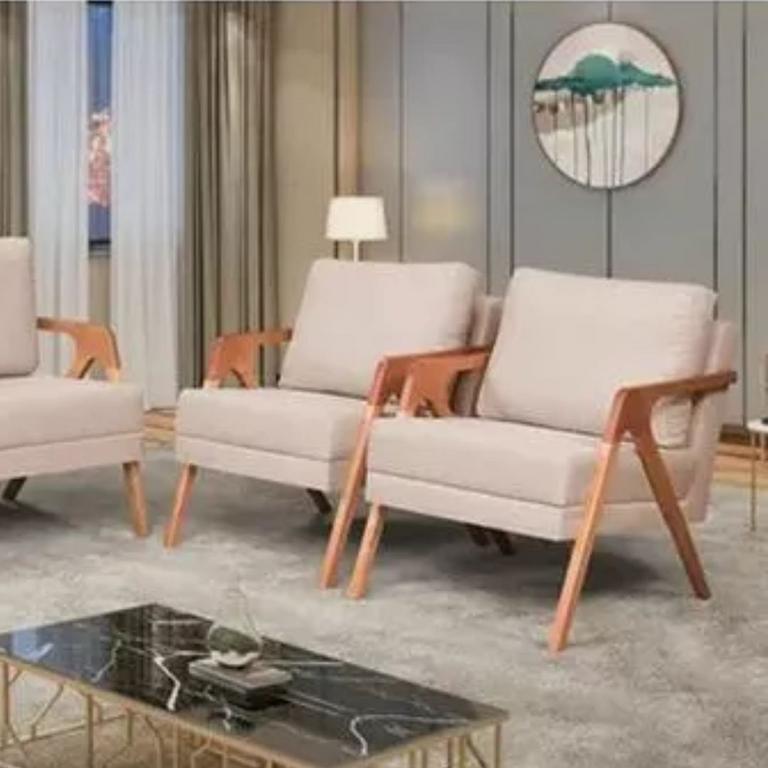 Kit 2 Poltronas Decorativa Mona Luxo Linho Bege Claro e Base Madeira Maciça – Donalu Decor na MadeiraMadeira