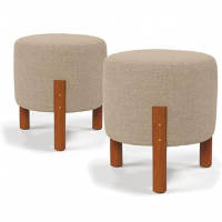 Kit 2 Puff Banquinho Redondo Decorativo Thor Em Linho Pés Madeira Maciça Cor Bege na Amazon