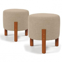 Kit 2 Puff Banquinho Redondo Decorativo Thor Em Linho Pés Madeira Maciça Cor Bege na Amazon