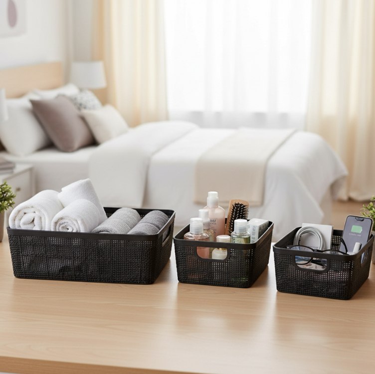 Kit 3 Cestos Organizadores Multiuso Rattan Home Organizer P-M-G Cor: Preto na Amazon