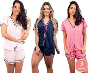 Kit 3 Pijamas Adultos Femininos Abertos Curtos Verão Blogueirinha Conjuntos Botões Frontais na Amazon