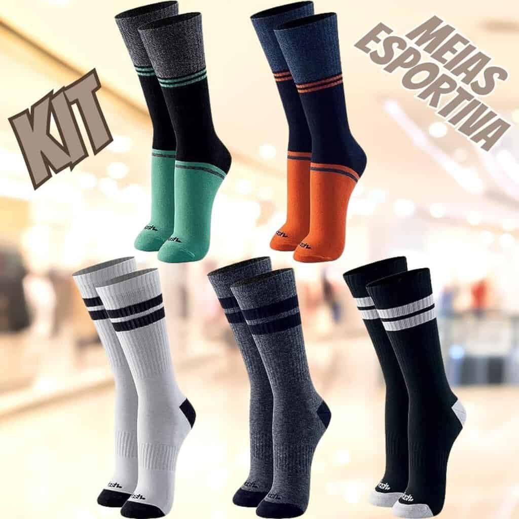 Kit 5 Pares Meia Esportiva Cano Alto Academia Mash Atoalhada em Algodão Masculina na Amazon