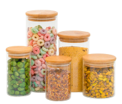 Kit 5 potes de Vidro com Tampa de Bambu Herméticos Redondos – Tüd na Amazon