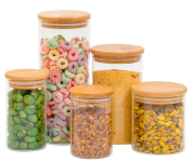Kit 5 Potes de Vidro com Tampa de Bambu Herméticos Redondos – Tüd na Amazon