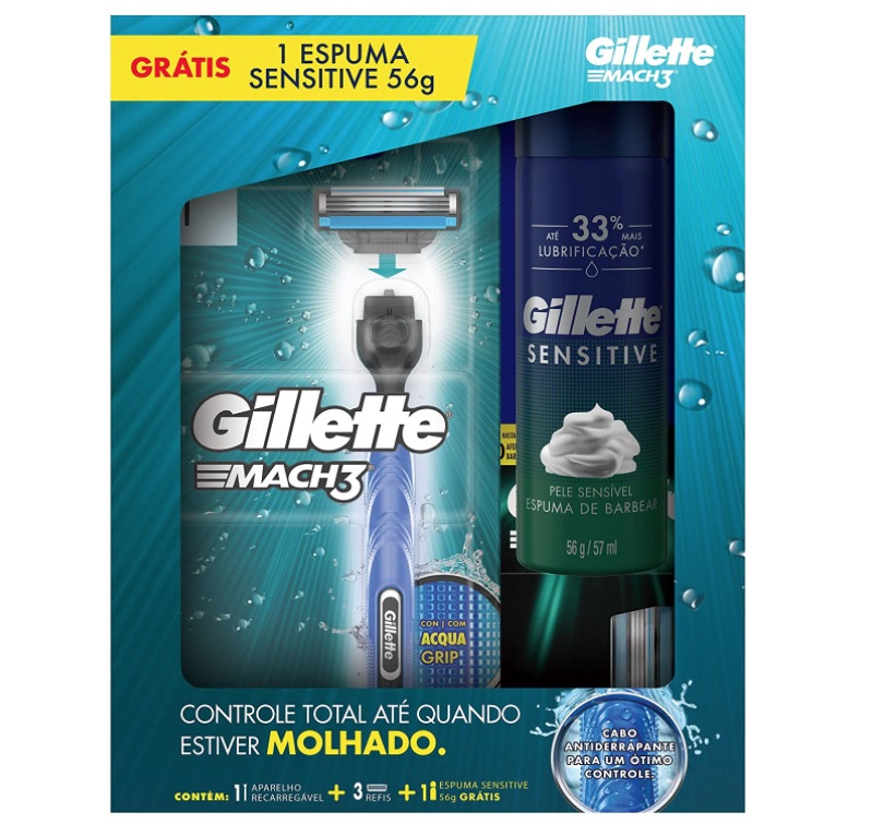 Kit Aparelho De Barbear Gillette Mach3 1 Unidade + Refis Para Barbear Gillette Mach3 3 Unidades + Espuma De Barbear Gillette Sensitive 56g, Gillette na Amazon