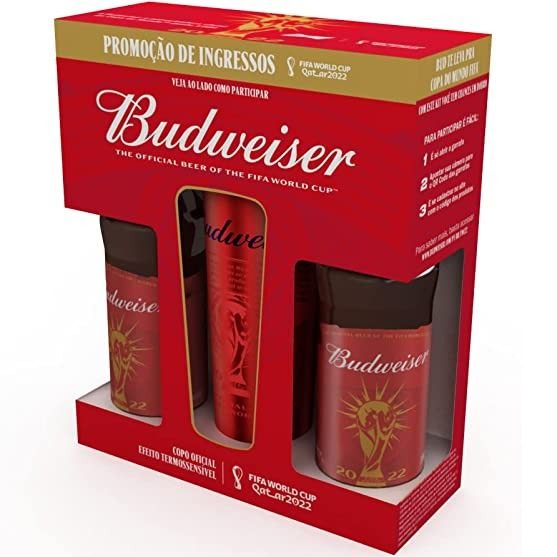 Kit Budweiser Copa do Mundo 2022-2 unidades 330ml + Copo Alumínio 650ml vermelho na Amazon