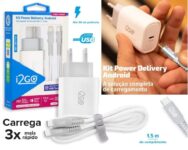 Kit Carregador de Parede Ultra Rápido com 1 Saída USB-C Power Delivery 20W + Cabo USB-C + USB-C I2GO 1,5m 3A Branco na Amazon
