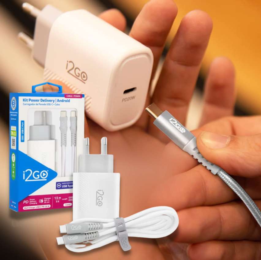 Kit Carregador de Parede Ultra Rápido com 1 Saída USB-C Power Delivery 20W + Cabo USB-C + USB-C I2GO 1,5m 3A Branco na Amazon