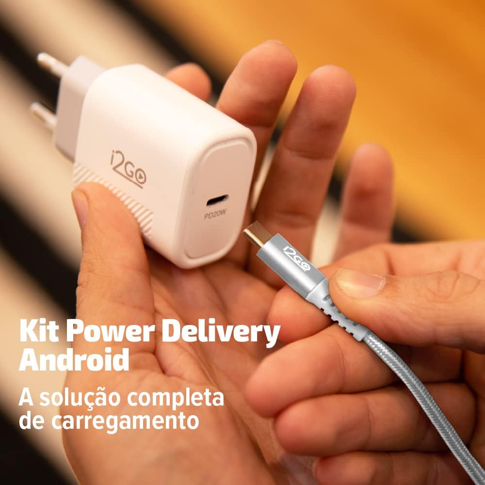 Kit Carregador de Parede Ultra Rápido com 1 Saída USB-C Power Delivery 20W + Cabo USB-C + USB-C I2GO 1,5m 3A Branco na Amazon