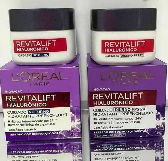 Kit Creme Facial Anti-idade L’Oréal Paris Revitalift Hialurônico Noturno + Diurno FPS 20, 49g na Amazon